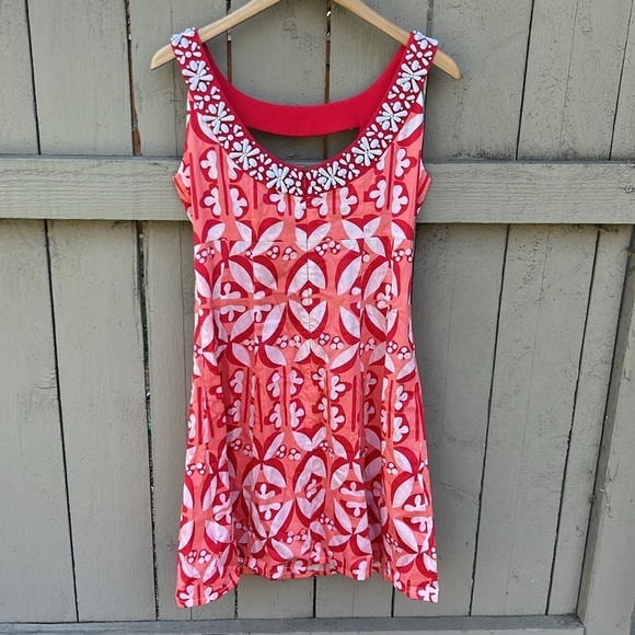 Nanette Lepore Beaded Floral Dress Tropical Tiki Hawaiian Vacation Vibes Sz 2 - Picture 4 of 5